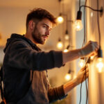 A photograph of a lighting contractor in action