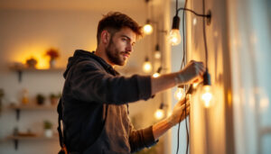 A photograph of a lighting contractor in action