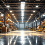 A photograph of a well-lit warehouse interior showcasing various types of industrial lighting solutions in use
