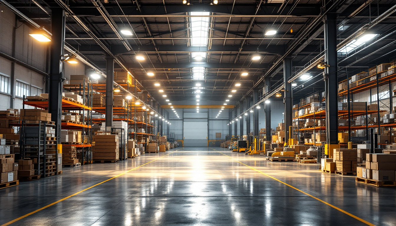 A photograph of a well-lit warehouse interior showcasing various types of industrial lighting solutions in use