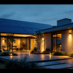 A photograph of a well-lit outdoor space featuring solar panels integrated into stylish lighting fixtures