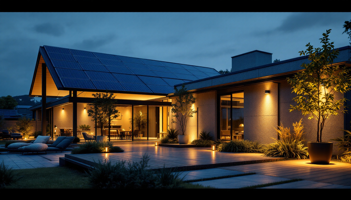 A photograph of a well-lit outdoor space featuring solar panels integrated into stylish lighting fixtures