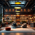 A photograph of a well-lit library interior showcasing a variety of innovative lighting fixtures