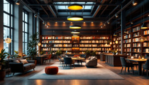 A photograph of a well-lit library interior showcasing a variety of innovative lighting fixtures
