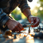 A photograph of a lighting contractor expertly installing a waterproof connector in an outdoor setting