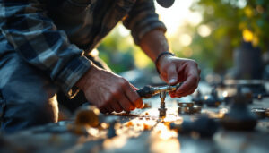 A photograph of a lighting contractor expertly installing a waterproof connector in an outdoor setting