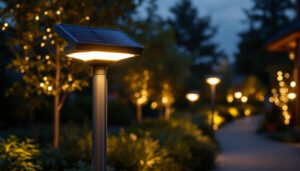 A photograph of a well-lit solar pole light installed in an outdoor setting