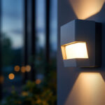 A photograph of a modern wallpack light fixture installed on a building exterior