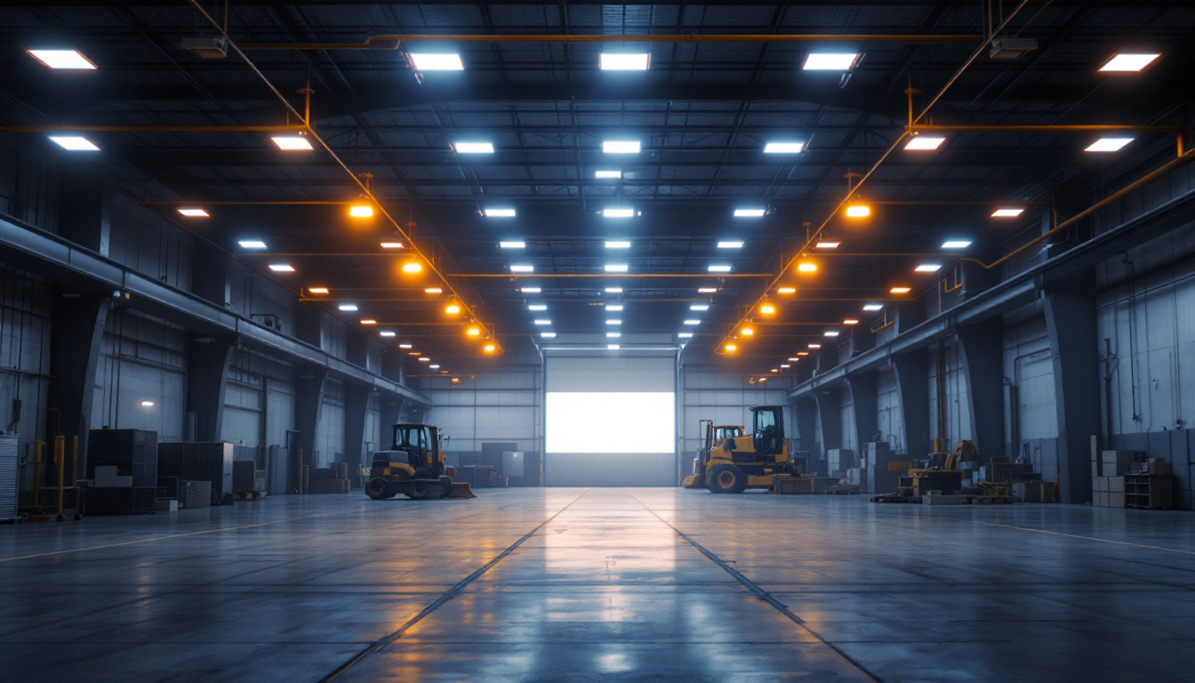 A photograph of a well-lit industrial space showcasing led high bay shop lights in action