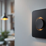 A photograph of a modern smart dimmer switch installed in a stylish home setting
