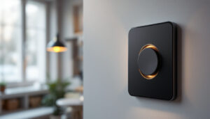 A photograph of a modern smart dimmer switch installed in a stylish home setting