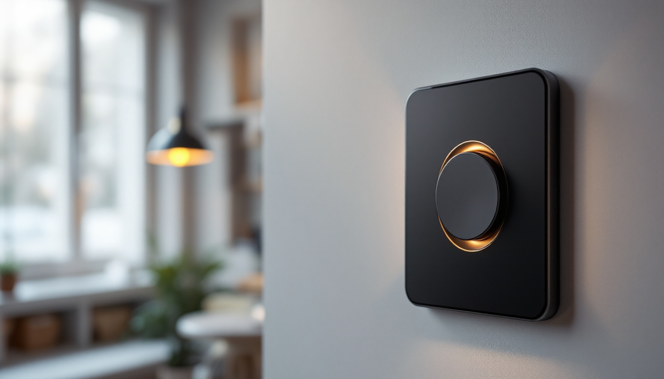 A photograph of a modern smart dimmer switch installed in a stylish home setting