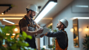 A photograph of a lighting contractor expertly installing linear led lights in a modern interior space