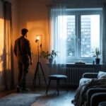 A photograph of a lighting contractor evaluating the warmth and ambiance of a room illuminated by both natural light streaming through a window and electric lighting fixtures