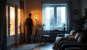 A photograph of a lighting contractor evaluating the warmth and ambiance of a room illuminated by both natural light streaming through a window and electric lighting fixtures