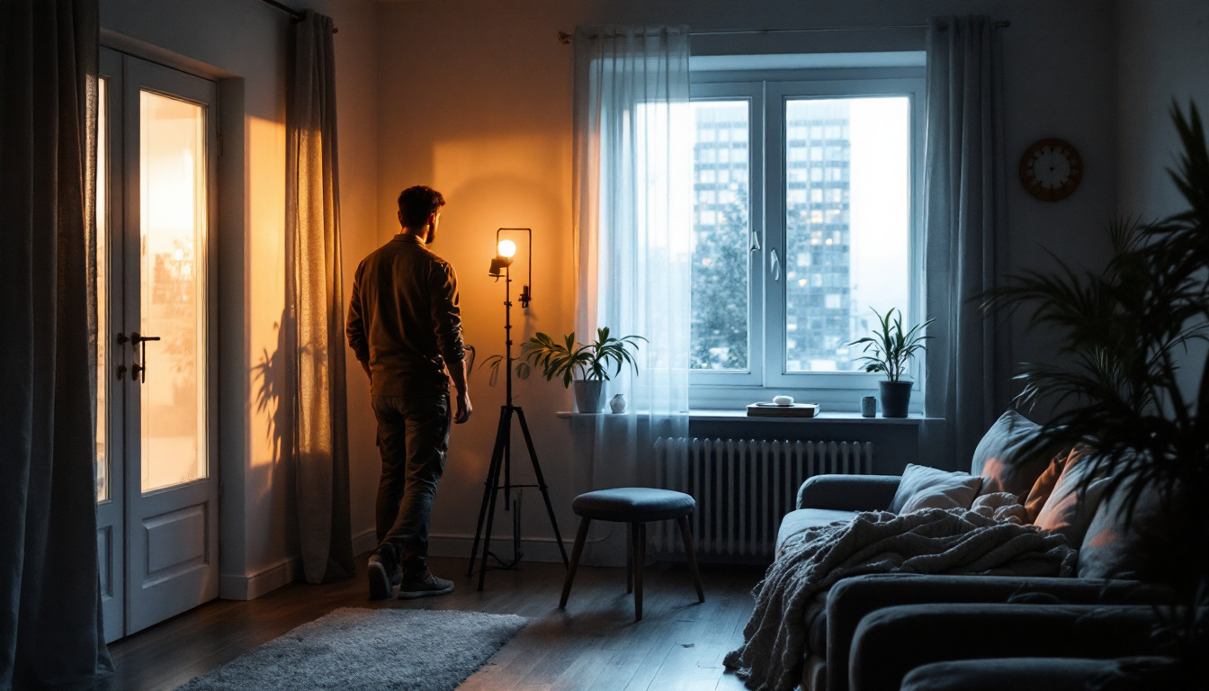 A photograph of a lighting contractor evaluating the warmth and ambiance of a room illuminated by both natural light streaming through a window and electric lighting fixtures