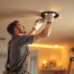 A photograph of a skilled lighting contractor expertly replacing recessed lighting fixtures in a modern home setting