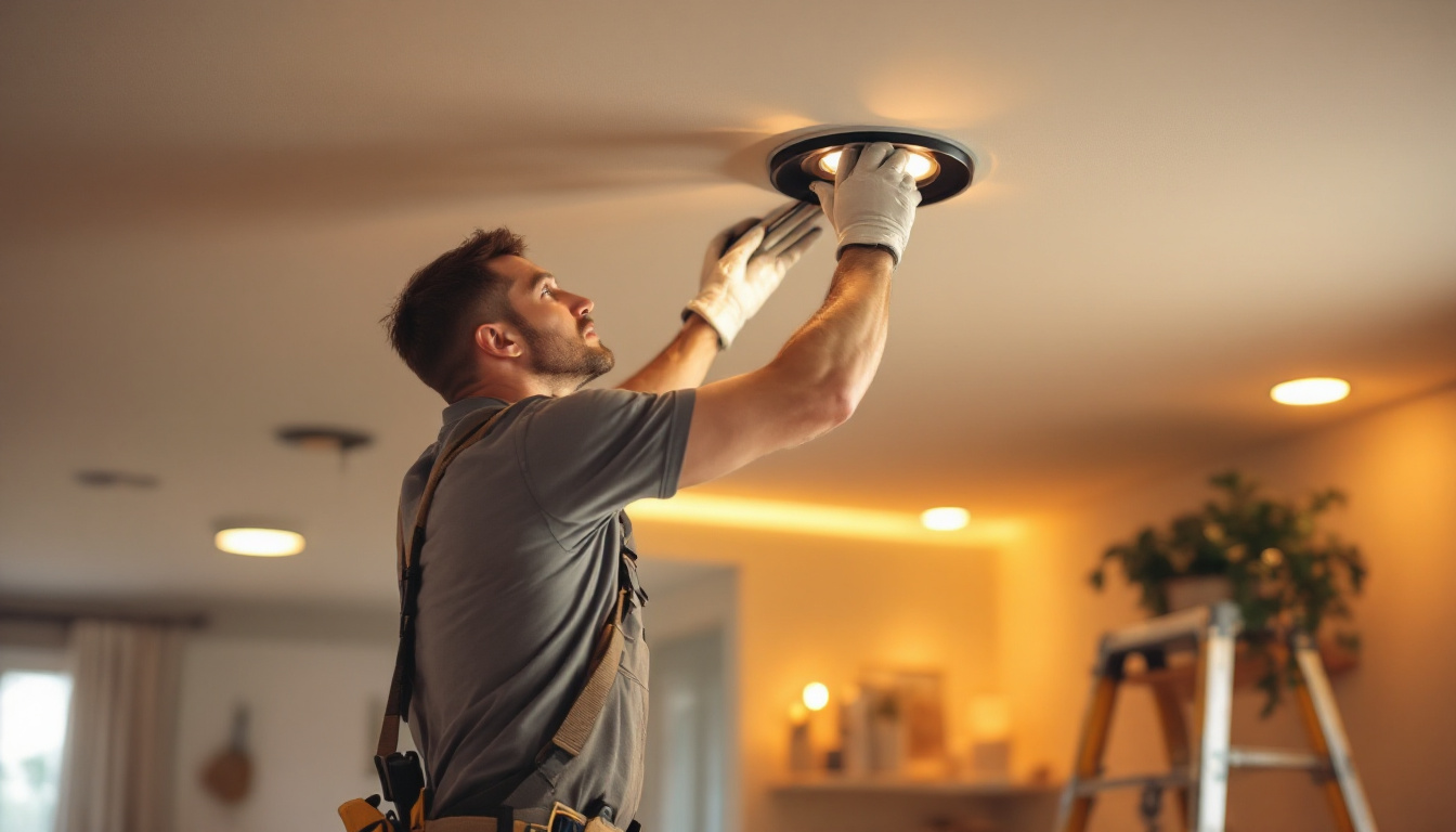 A photograph of a skilled lighting contractor expertly replacing recessed lighting fixtures in a modern home setting