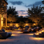 A photograph of a beautifully illuminated outdoor space transitioning from dusk to dawn