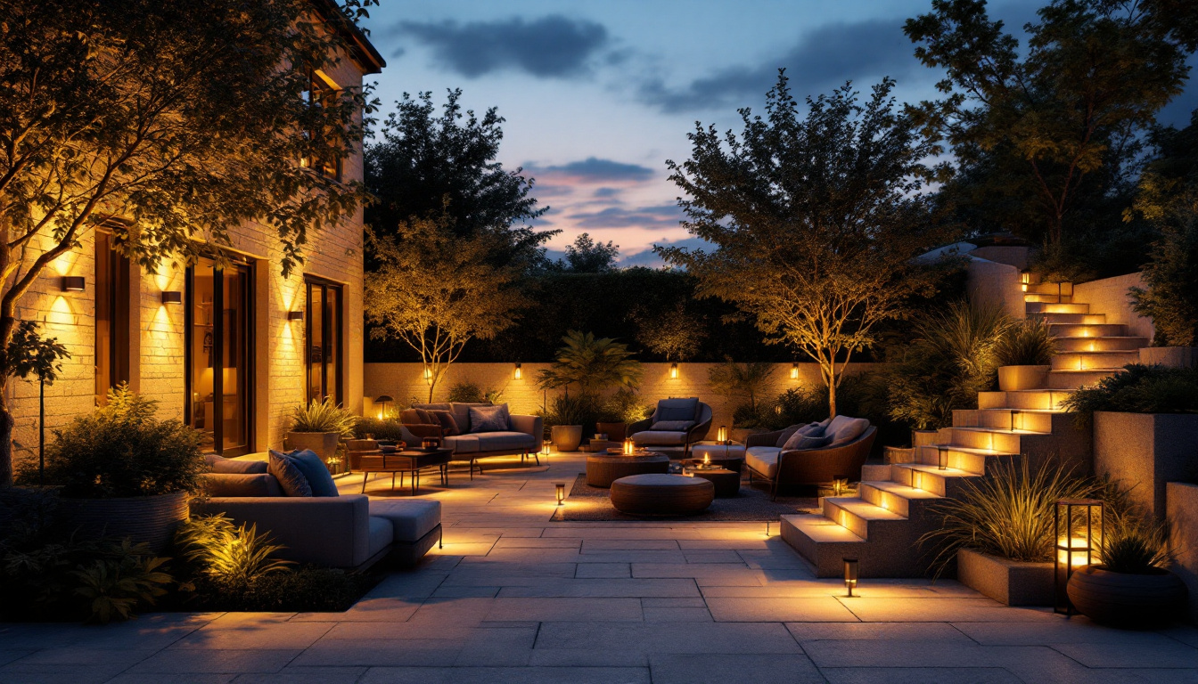 A photograph of a beautifully illuminated outdoor space transitioning from dusk to dawn