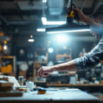 A photograph of a well-lit workshop or retail space showcasing a 4-foot led shop light in use