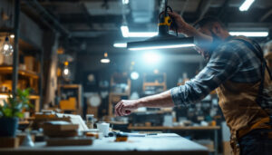 A photograph of a well-lit workshop or retail space showcasing a 4-foot led shop light in use