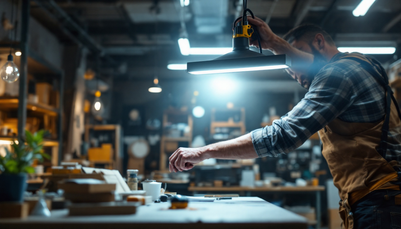 A photograph of a well-lit workshop or retail space showcasing a 4-foot led shop light in use