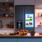 A photograph of a well-lit kitchen featuring a modern fridge with an illuminated led light inside