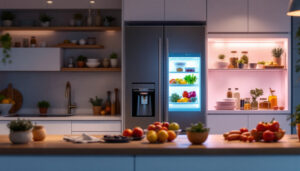 A photograph of a well-lit kitchen featuring a modern fridge with an illuminated led light inside