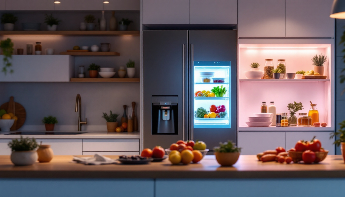 A photograph of a well-lit kitchen featuring a modern fridge with an illuminated led light inside