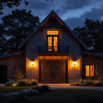 A photograph of a beautifully illuminated barn exterior at dusk