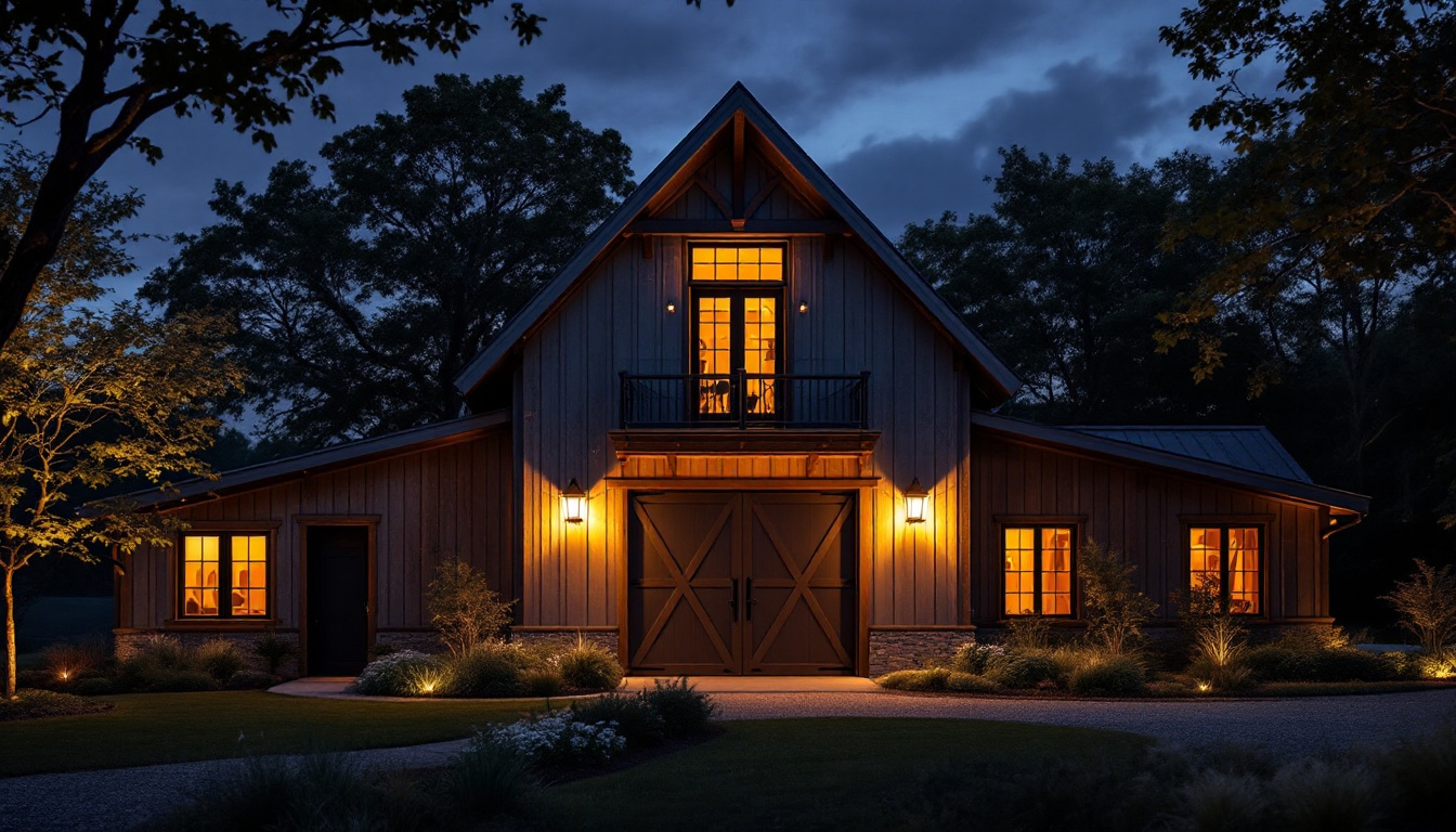 A photograph of a beautifully illuminated barn exterior at dusk