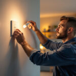 A photograph of a lighting contractor skillfully installing a modern light receptacle in a stylish residential setting
