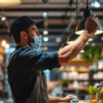 A photograph of a lighting contractor expertly installing modern