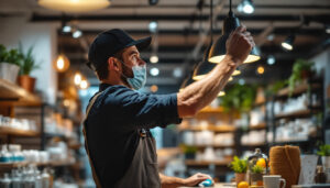 A photograph of a lighting contractor expertly installing modern