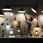 A photograph of a beautifully arranged display of various modern light fixtures in a well-lit setting