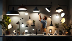 A photograph of a beautifully arranged display of various modern light fixtures in a well-lit setting