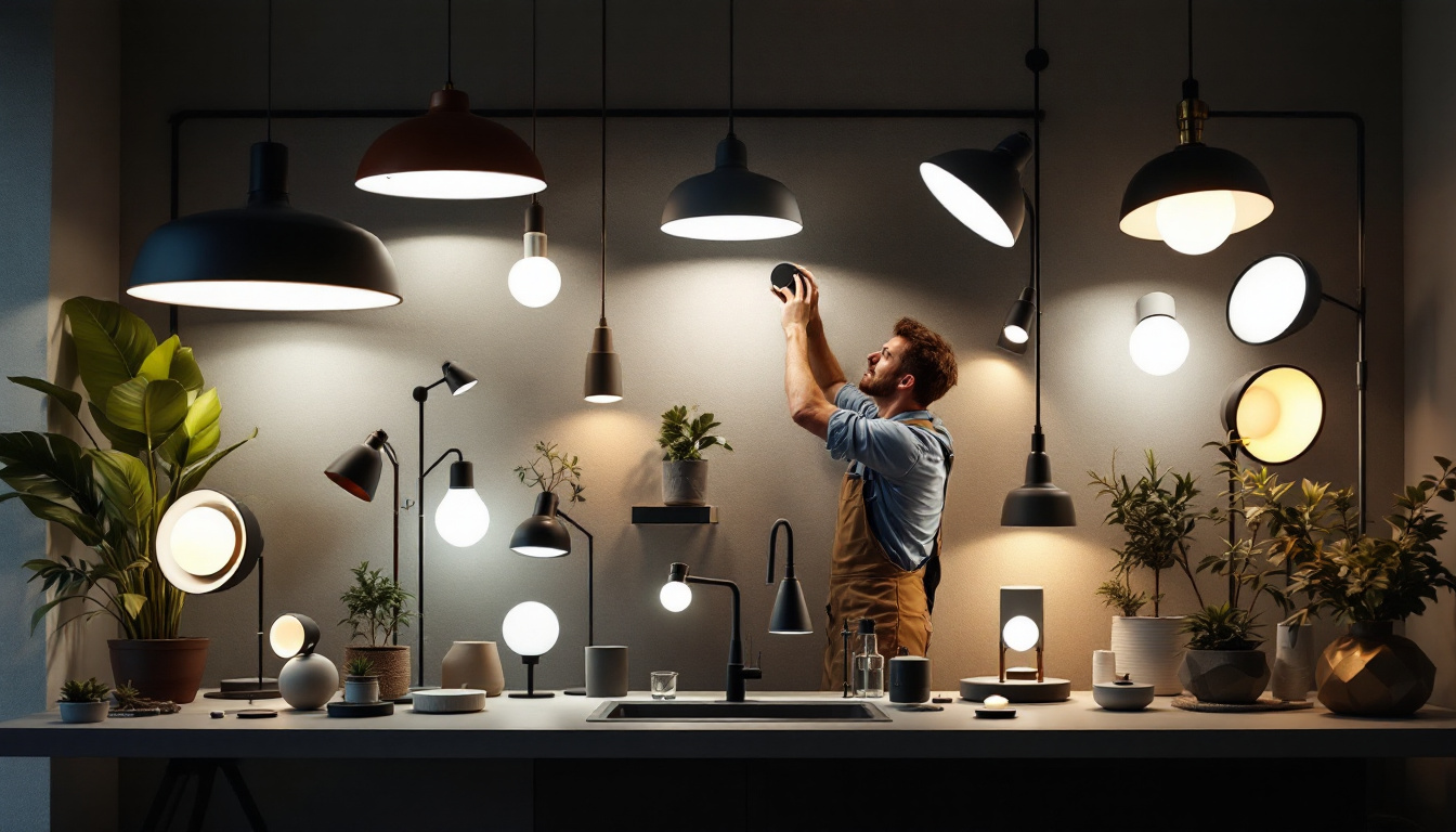 A photograph of a beautifully arranged display of various modern light fixtures in a well-lit setting