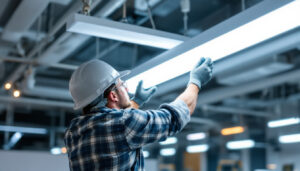 A photograph of a lighting contractor expertly installing t8 led fixtures in a commercial space