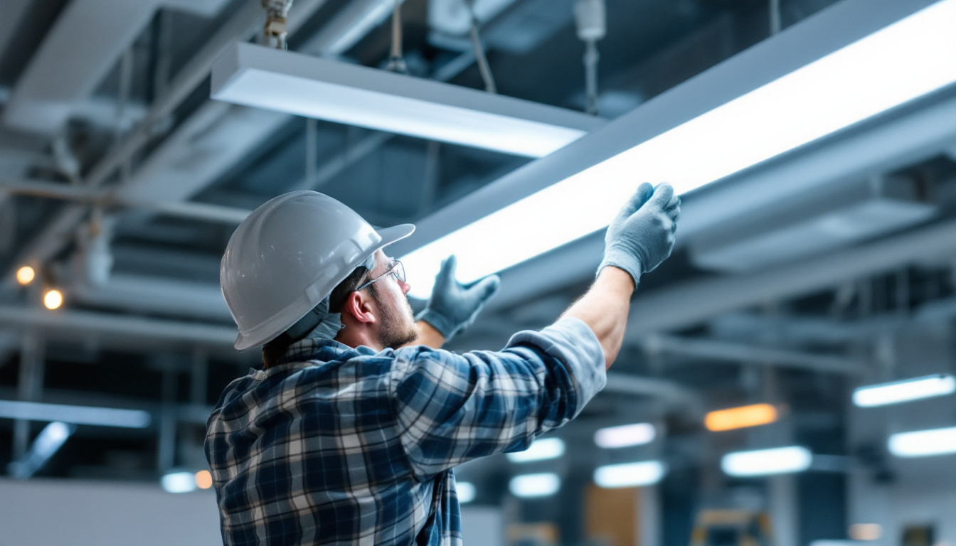 A photograph of a lighting contractor expertly installing t8 led fixtures in a commercial space
