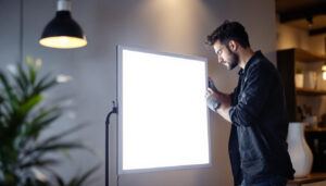 A photograph of a lighting contractor installing or showcasing a 2x4 panel led light in a commercial or residential setting