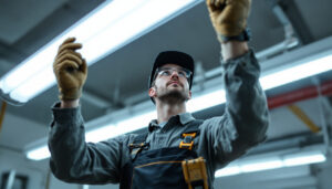 A photograph of a lighting contractor inspecting or installing 4-foot fluorescent lamps in a commercial or industrial setting