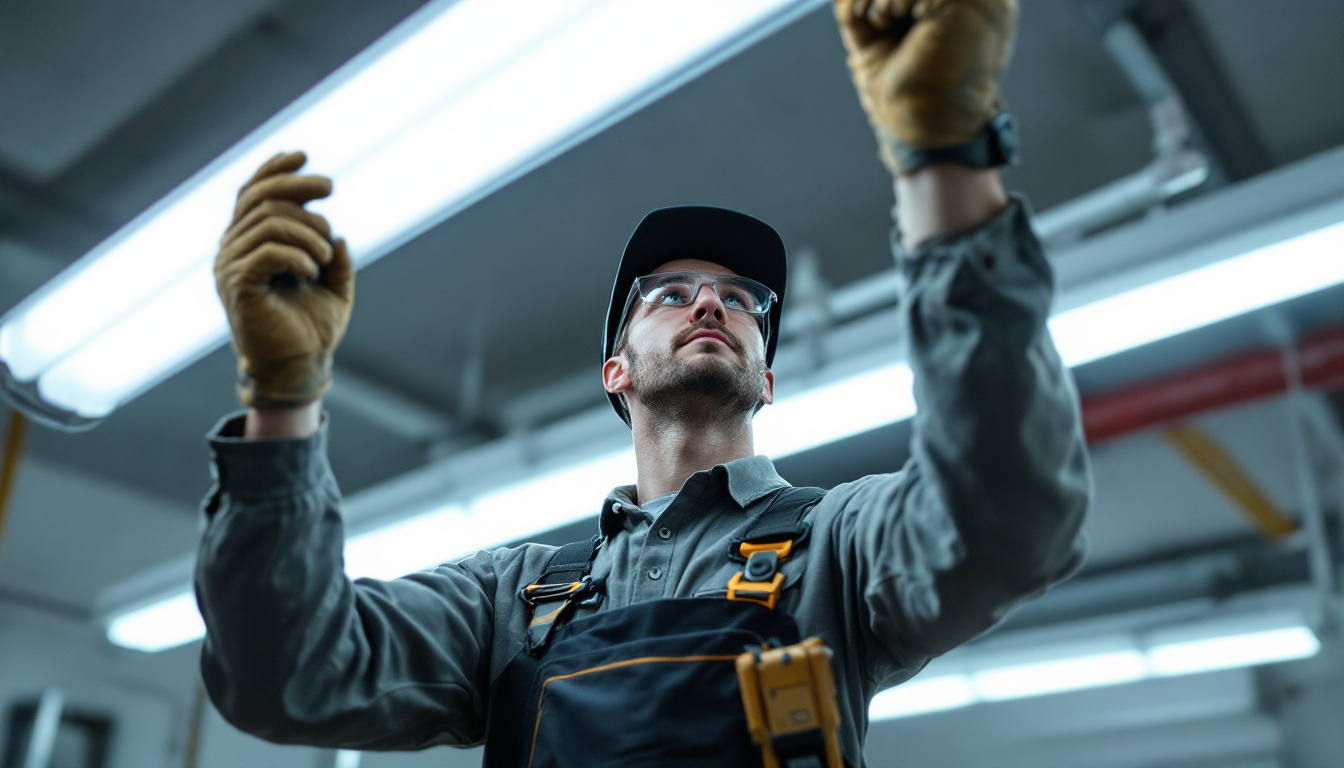 A photograph of a lighting contractor inspecting or installing 4-foot fluorescent lamps in a commercial or industrial setting