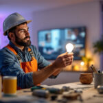 A photograph of a lighting contractor installing an led can light bulb in a modern home setting