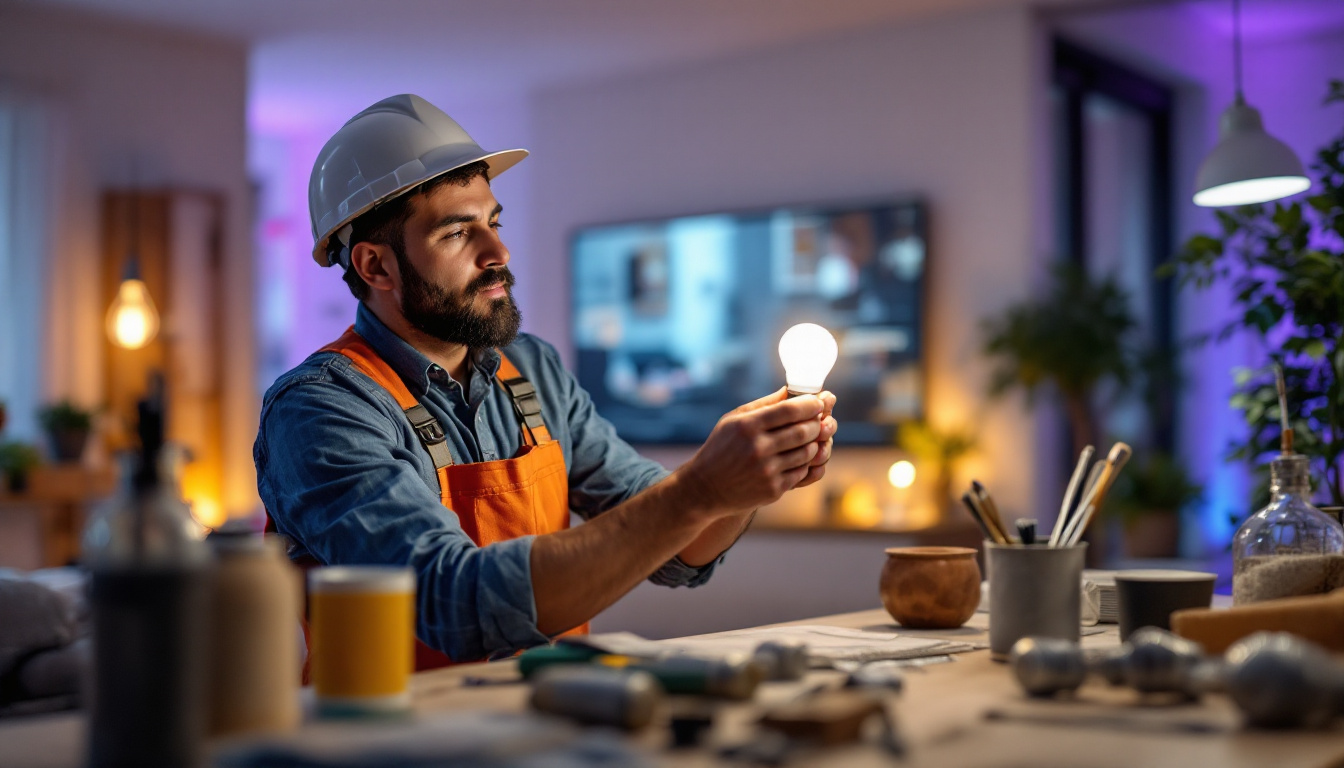 A photograph of a lighting contractor installing an led can light bulb in a modern home setting