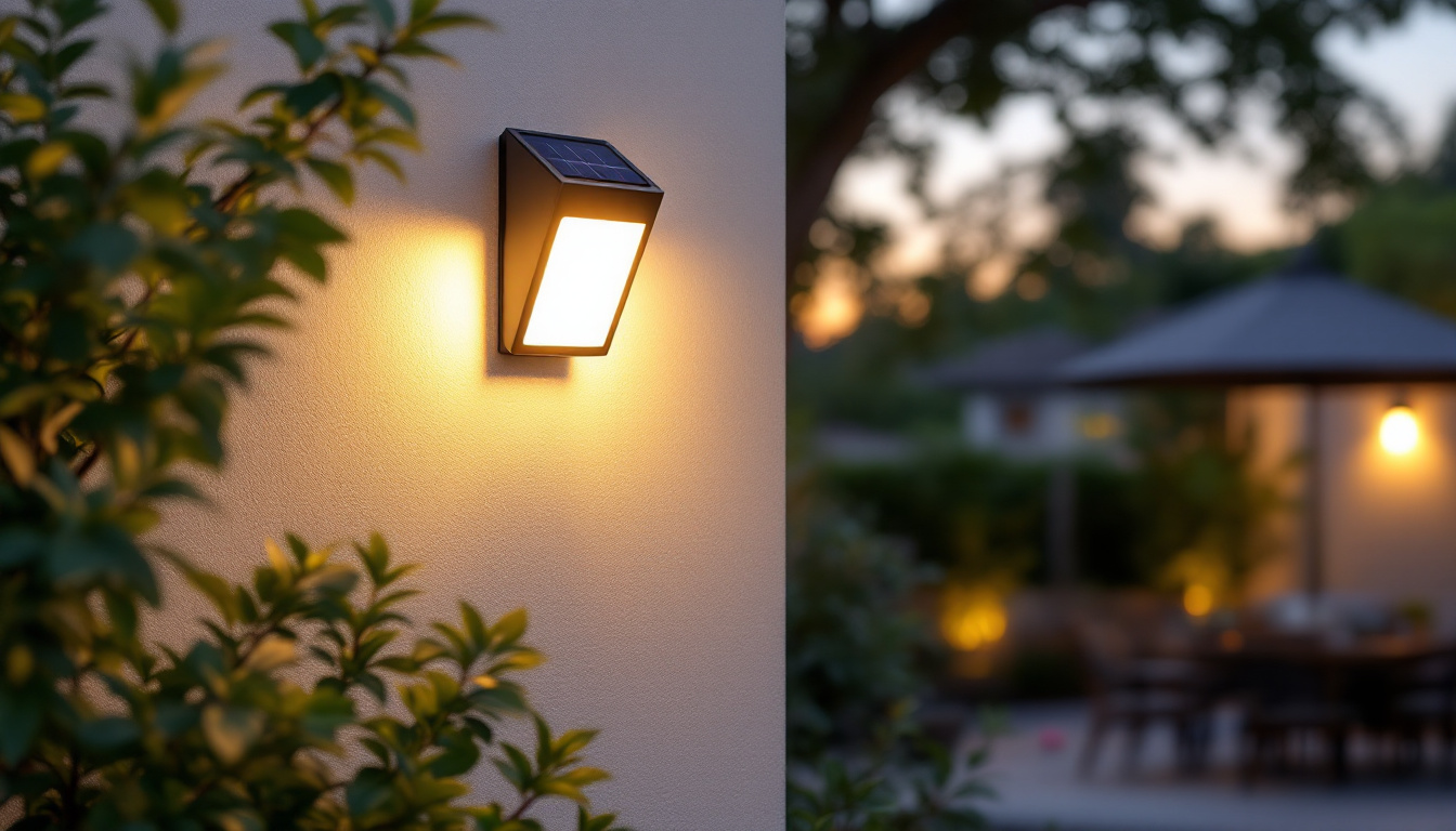 A photograph of a beautifully designed solar wall lamp installed on an outdoor wall