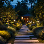 A photograph of a beautifully illuminated garden scene at dusk