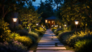 A photograph of a beautifully illuminated garden scene at dusk