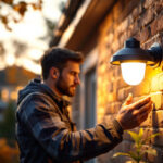 A photograph of a lighting contractor installing a solar security lamp in a residential outdoor setting