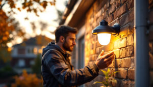 A photograph of a lighting contractor installing a solar security lamp in a residential outdoor setting